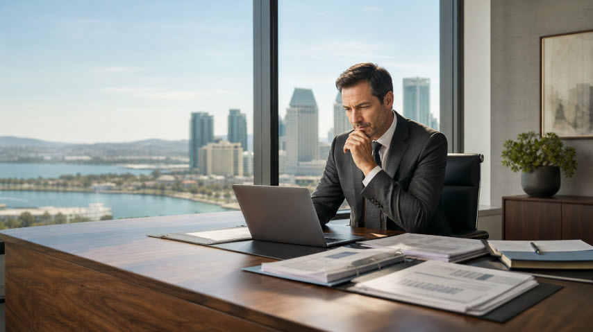 Business professional evaluating a potential business acquisition in San Diego