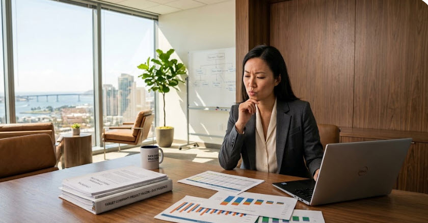 Executive reviewing business acquisition documents and financial information