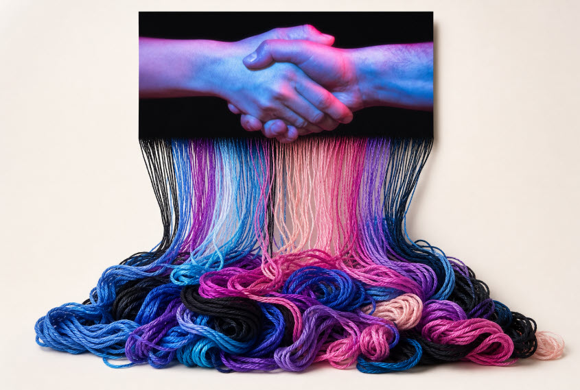 Handshake unraveling into tangled threads representing the potential rescission of a business agreement