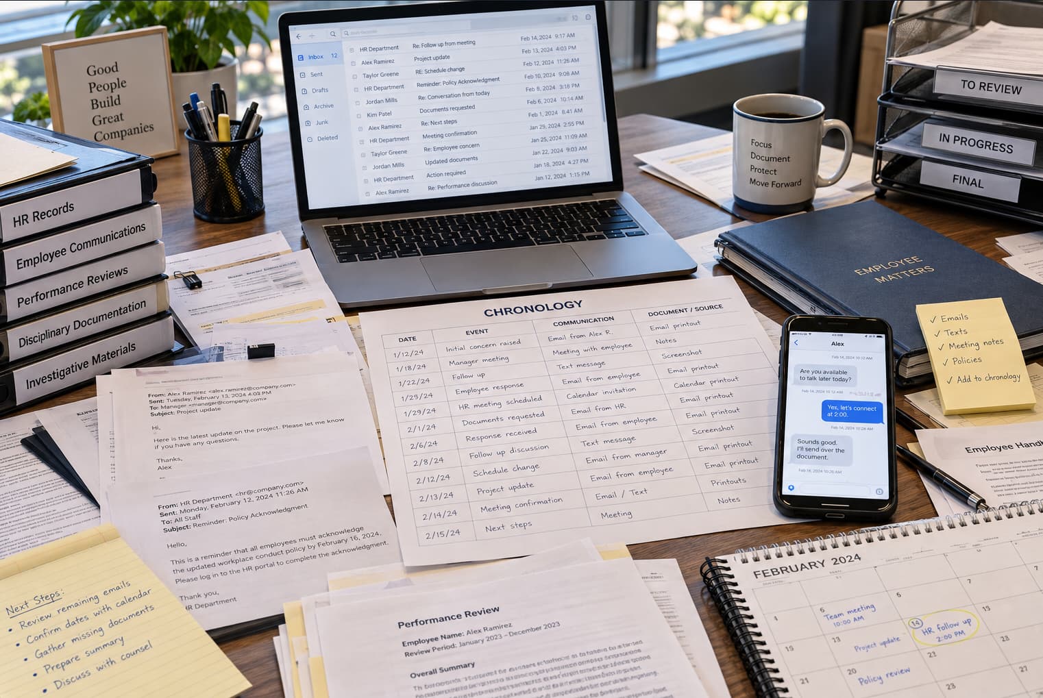 Employment records, emails, text messages and calendar information organized into a chronology