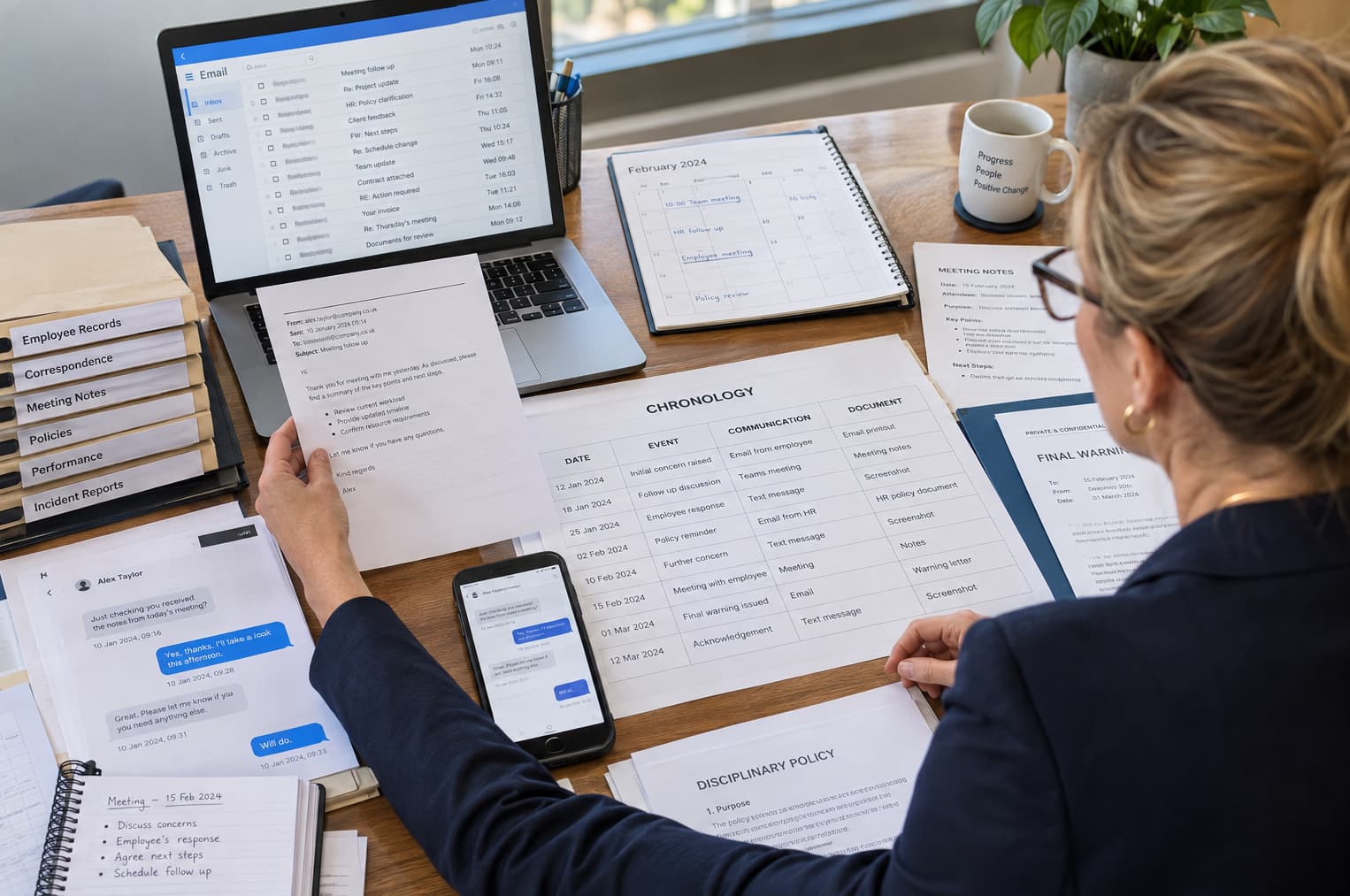 Employer reviewing communications, records and events related to an employment matter