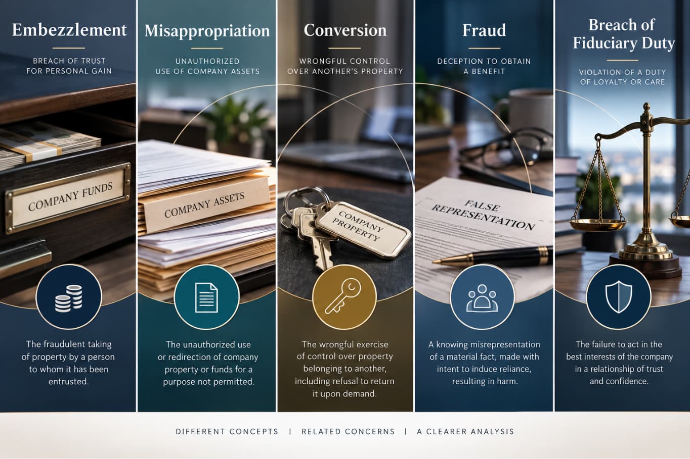 Visual comparison of embezzlement, misappropriation, conversion, fraud and breach of fiduciary duty