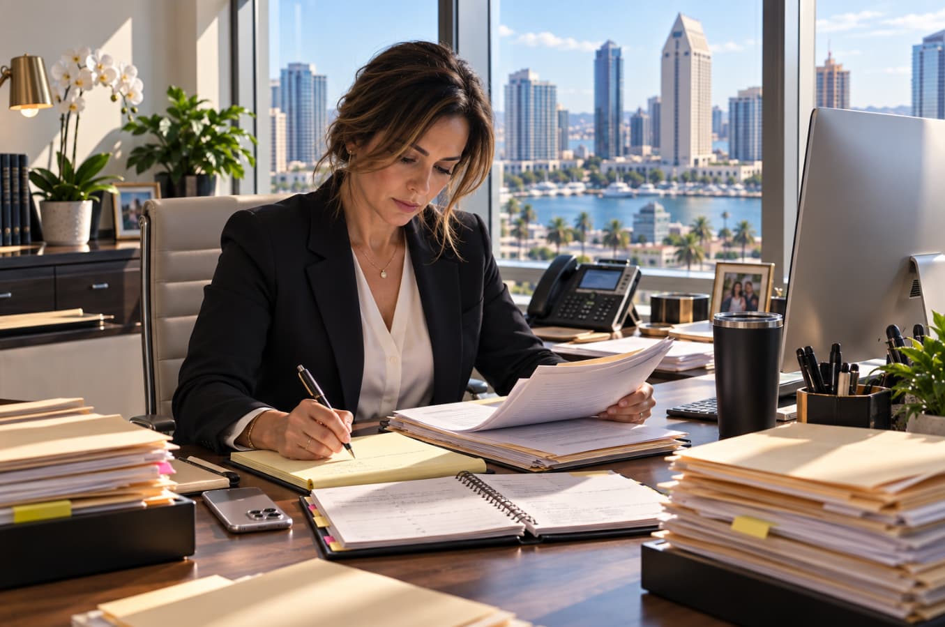 Attorney reviewing client files, financial records and evidence in a San Diego office