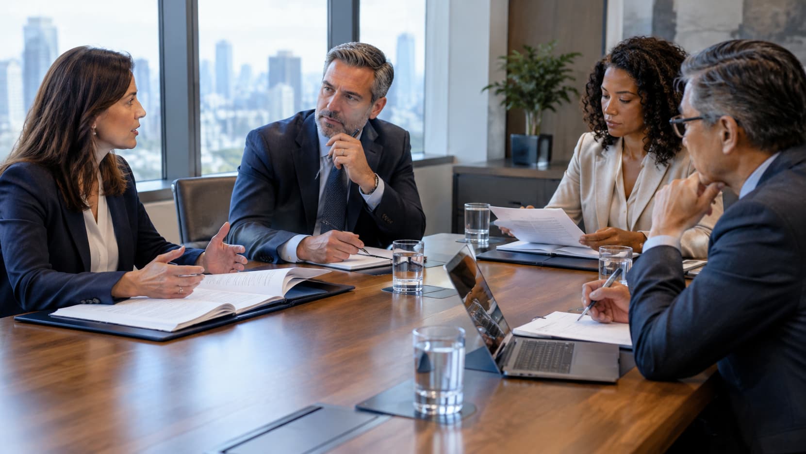 Business professionals engaged in a serious negotiation working toward resolution