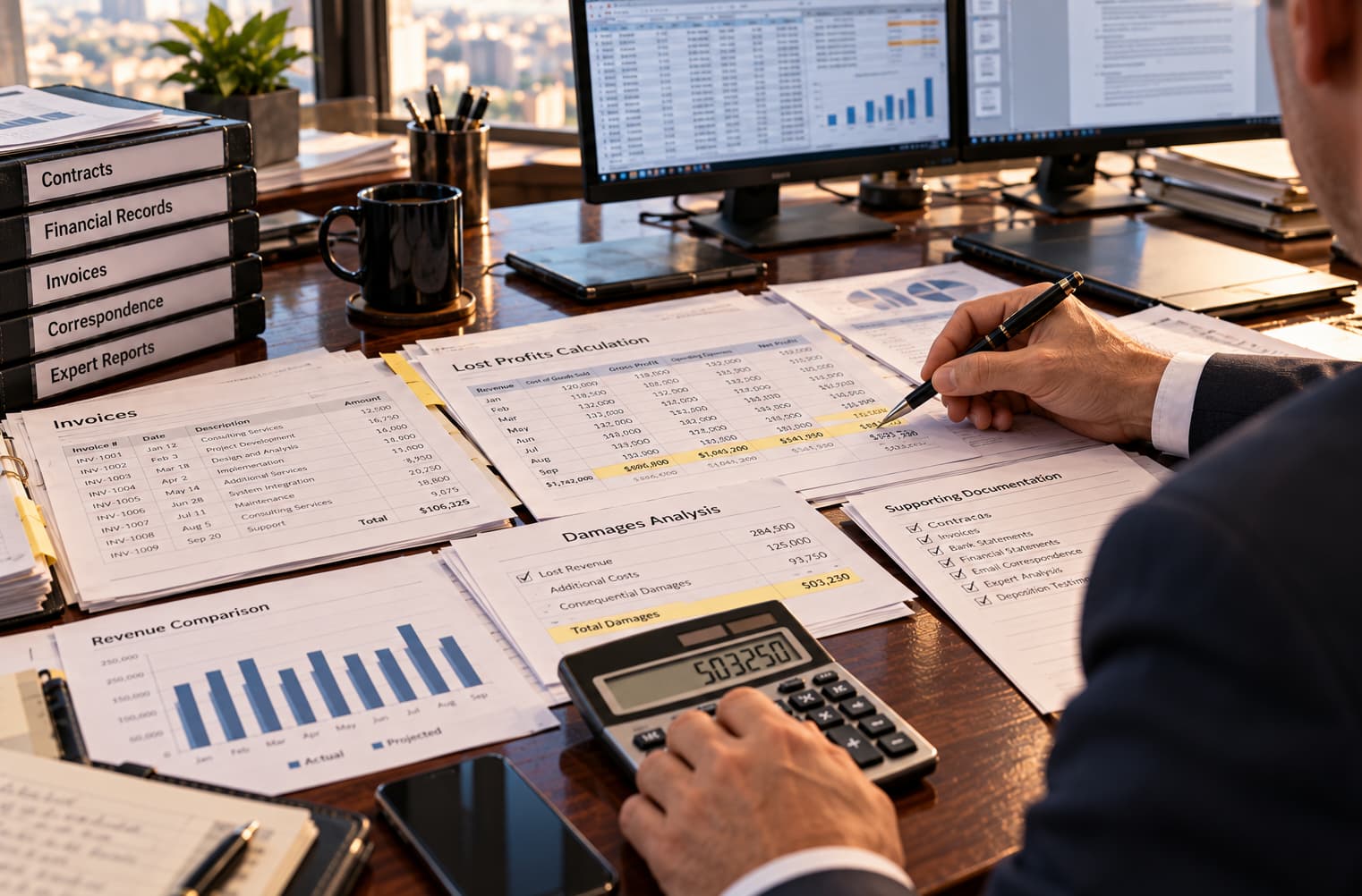 Financial records, invoices, calculations and supporting documentation being reviewed to calculate business damages