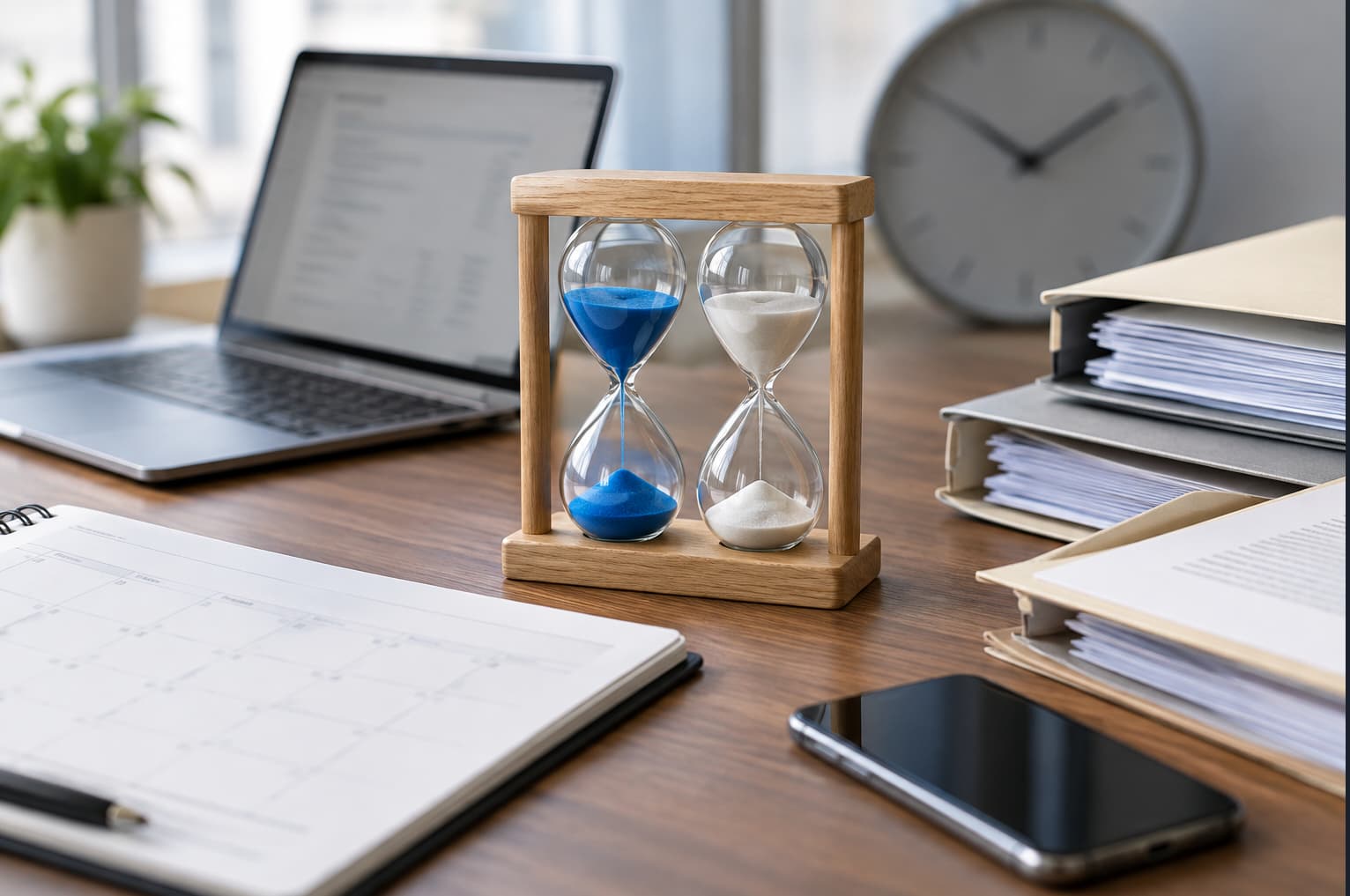 Hourglasses, calendar, records and documents representing timing and chronology