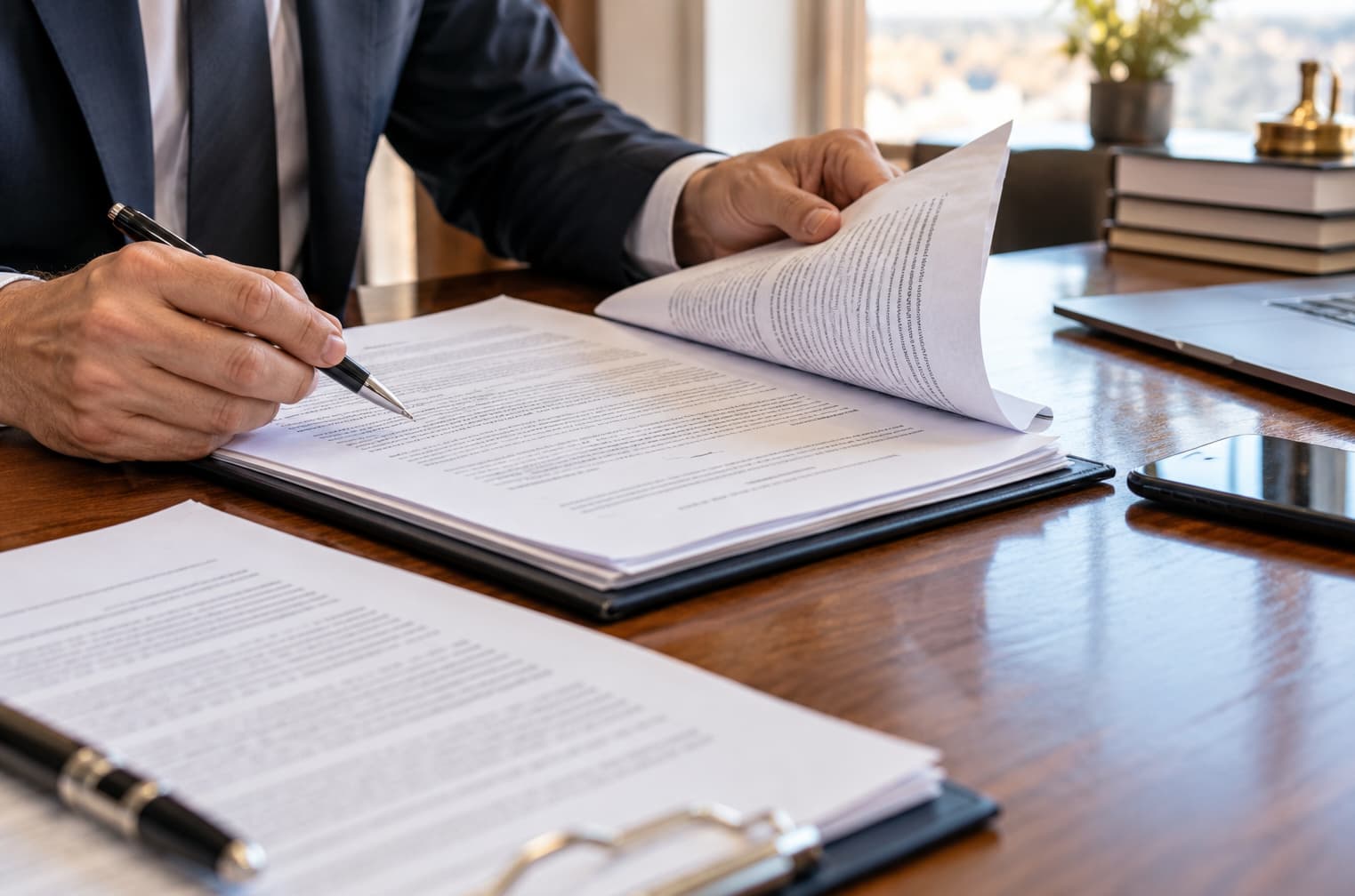 Business professional carefully reviewing the requirements of a contract