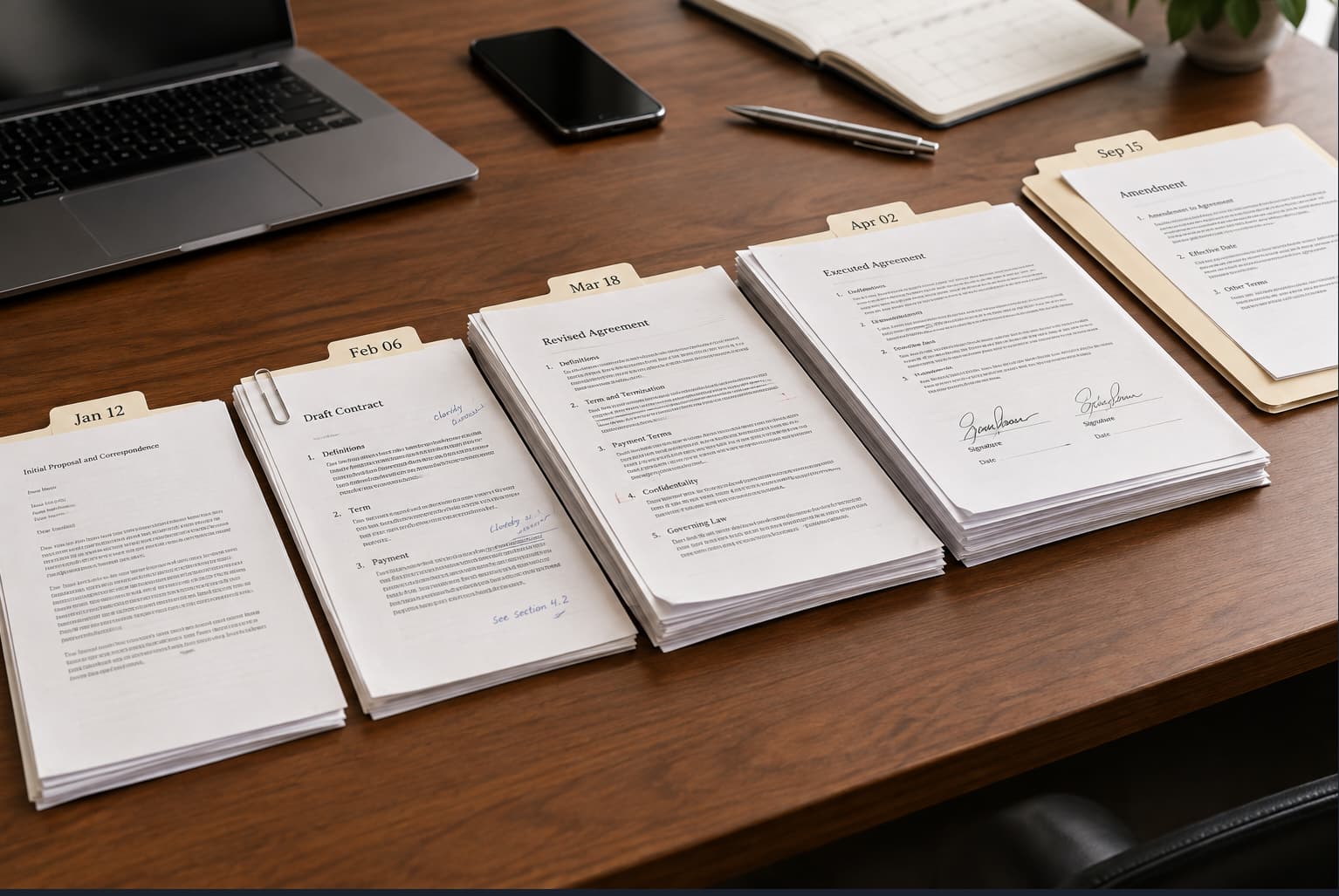 Business contracts and documentation arranged in chronological order