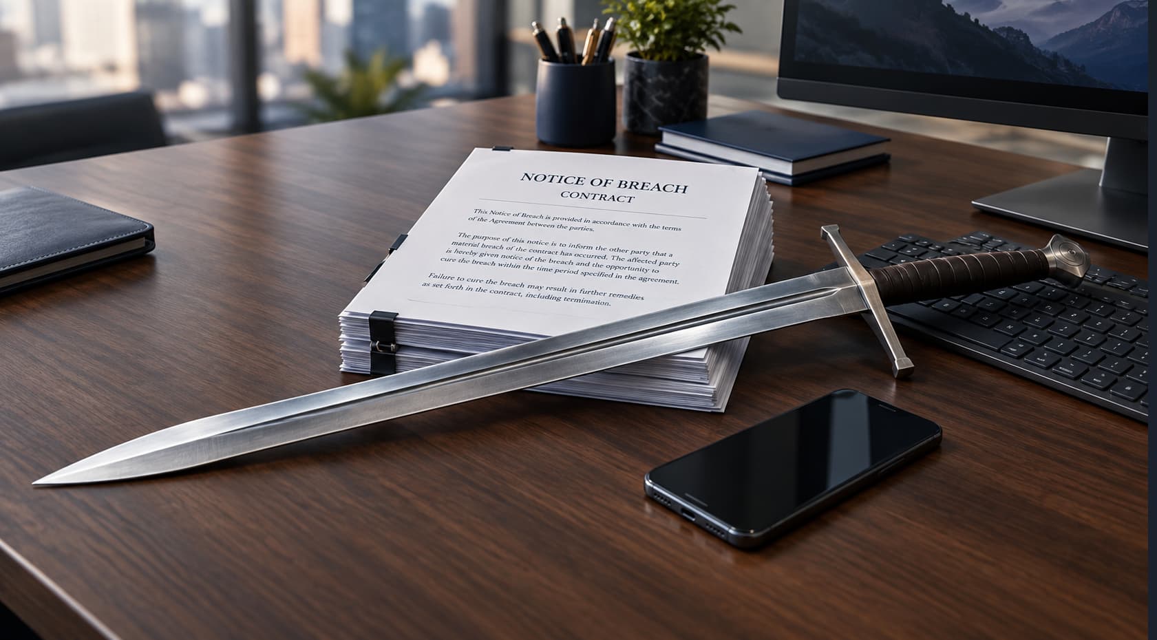 Notice of breach of contract and sword representing the potential consequences of contractual notice