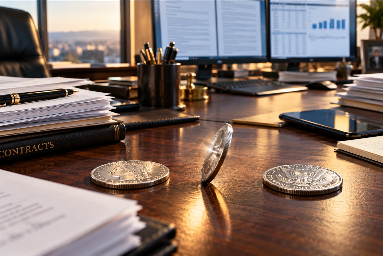 Business contracts and two sides of the same coin representing competing perspectives in a contract dispute